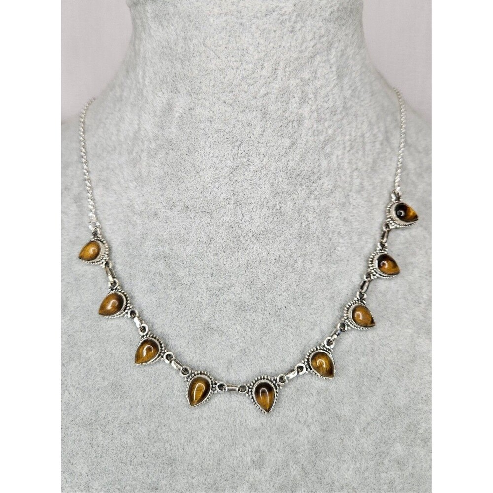 Solid Sterling Silver Natural Tiger’s Eye Drop Station Necklace 17-18" 925 NWT